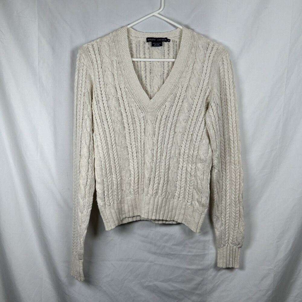 Vintage Ralph Lauren Blue Label Cable Knit Sweater Women’s Medium Cream V-Neck